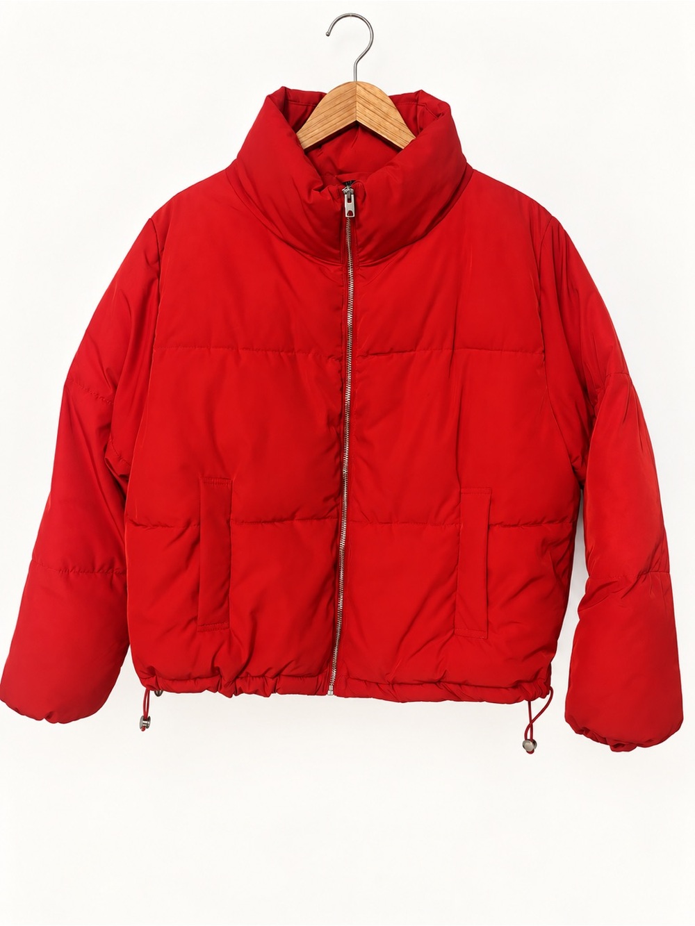 H&M Red Cropped Puffer Jacket with High Collar